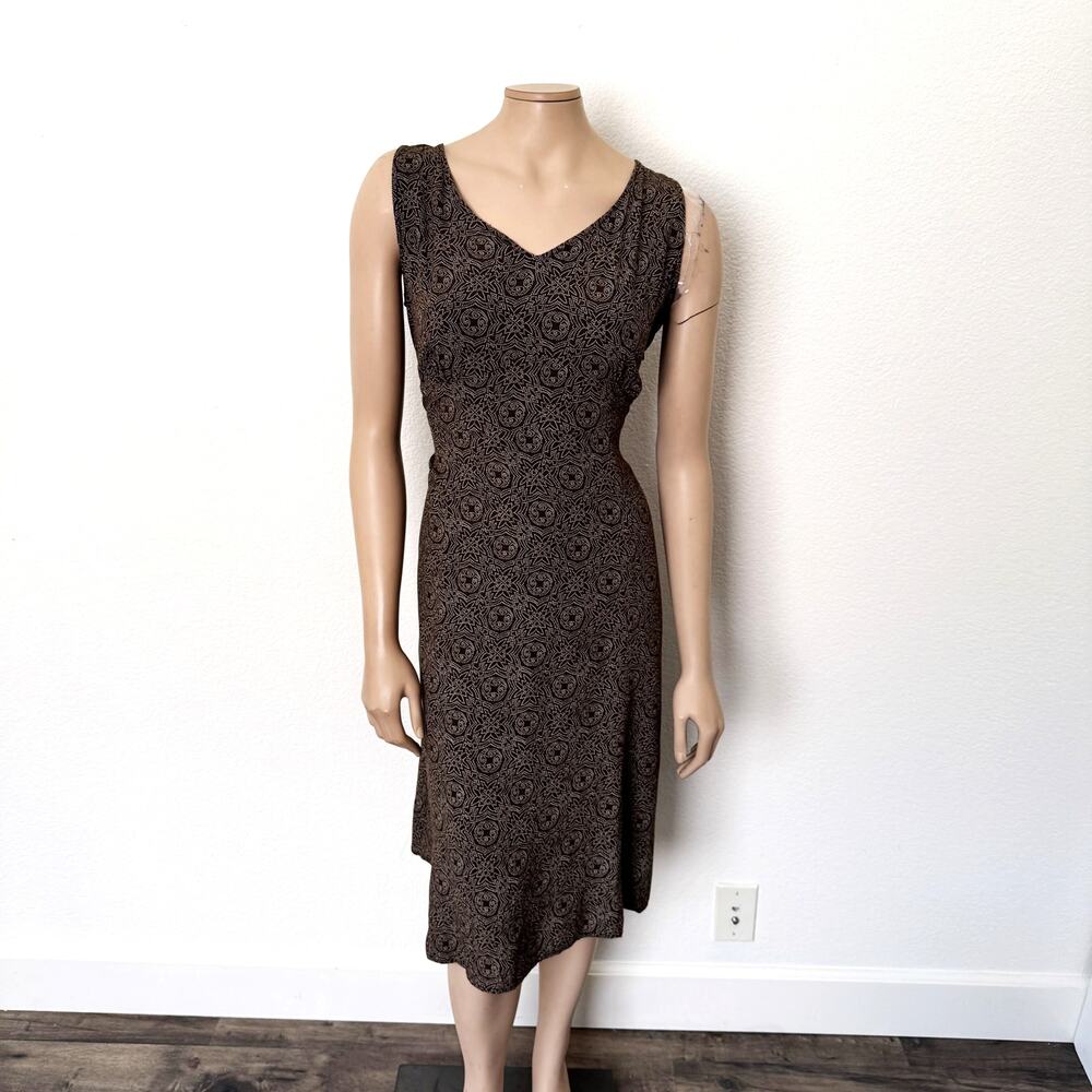 [Eddie Bauer] Vintage Y2K Brown Floral Print Sleeveless V-Neck Midi Dress Sz 14